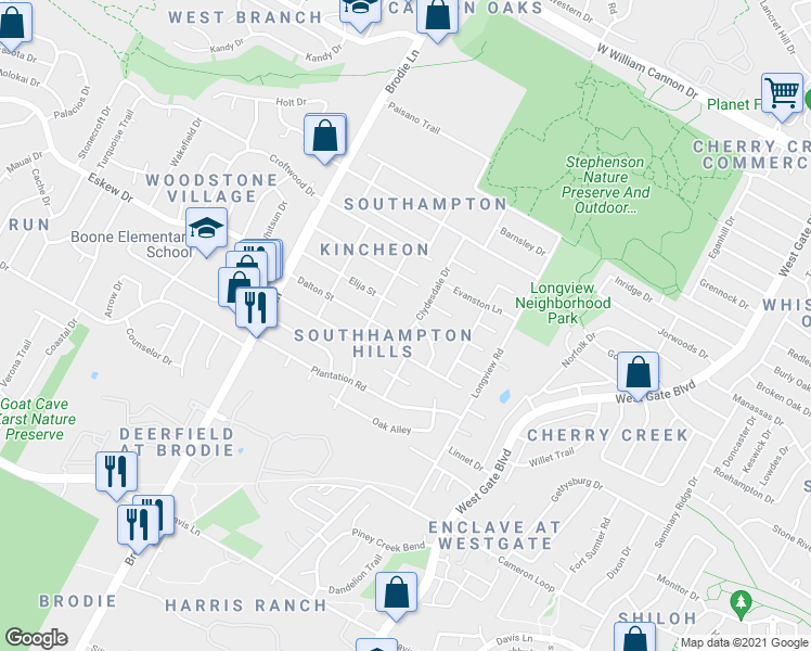 map of restaurants, bars, coffee shops, grocery stores, and more near 8010 Clydesdale Drive in Austin