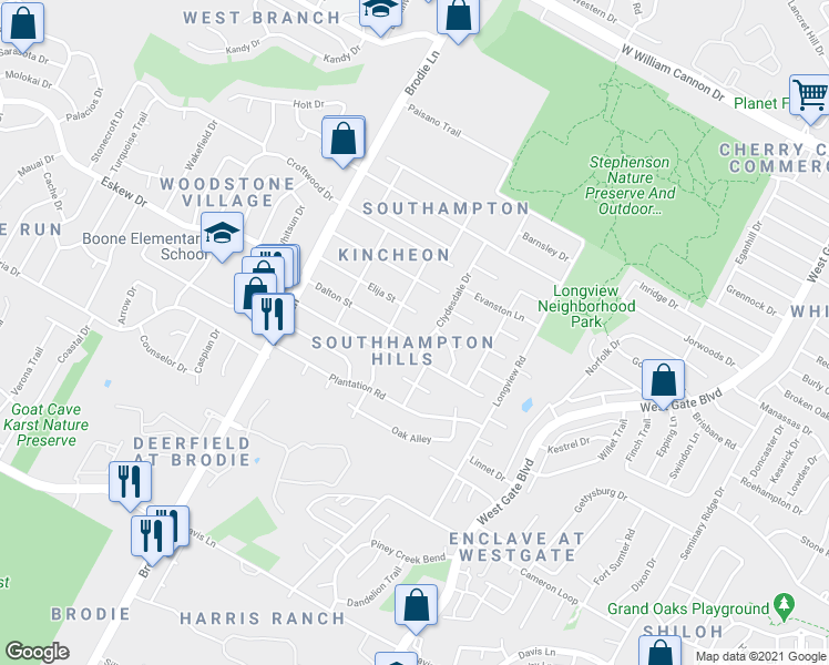 map of restaurants, bars, coffee shops, grocery stores, and more near 8010 Clydesdale Drive in Austin