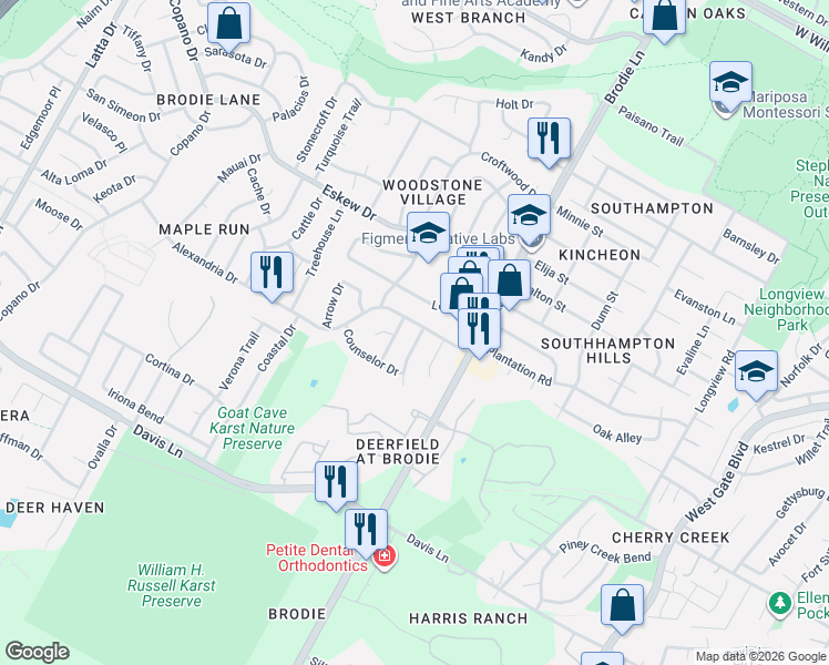 map of restaurants, bars, coffee shops, grocery stores, and more near 8307 Caspian Drive in Austin
