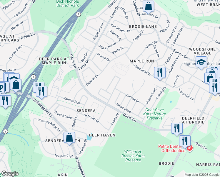 map of restaurants, bars, coffee shops, grocery stores, and more near 4409 East Hove Loop in Austin