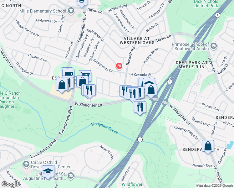 map of restaurants, bars, coffee shops, grocery stores, and more near 5705 York Bridge Circle in Austin
