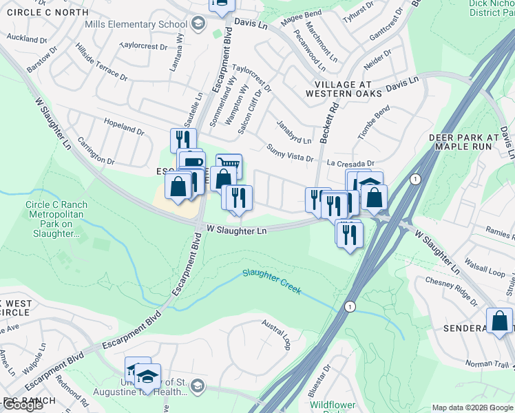 map of restaurants, bars, coffee shops, grocery stores, and more near 5917 York Bridge Circle in Austin