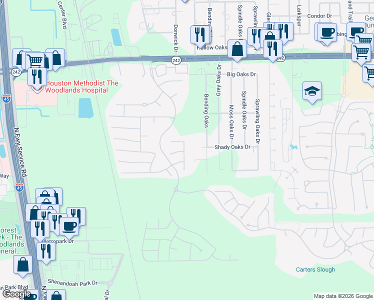 map of restaurants, bars, coffee shops, grocery stores, and more near 17235 Rookery Court in Conroe