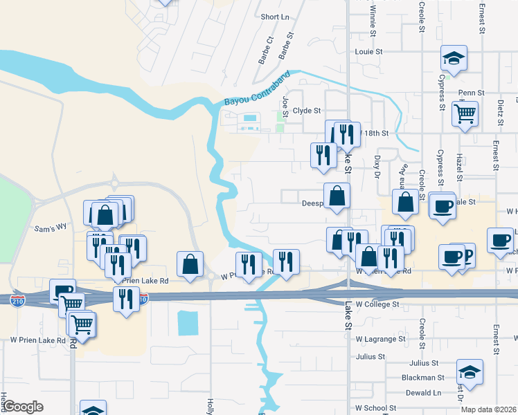 map of restaurants, bars, coffee shops, grocery stores, and more near 1030 Holly Street in Lake Charles