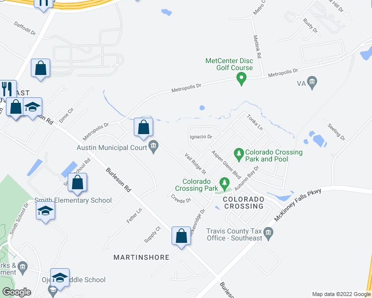 map of restaurants, bars, coffee shops, grocery stores, and more near 6809 Vail Ridge Street in Austin