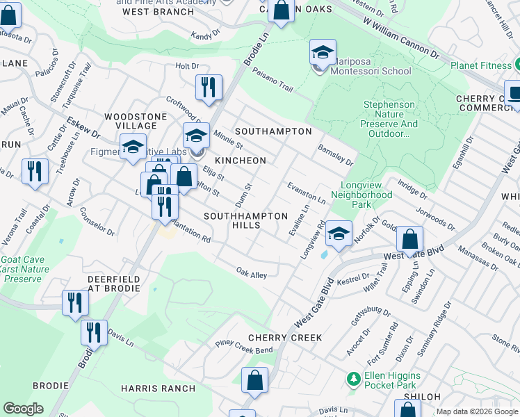 map of restaurants, bars, coffee shops, grocery stores, and more near 8002 Clydesdale Drive in Austin