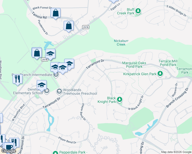 map of restaurants, bars, coffee shops, grocery stores, and more near 102 Millsap Circle in The Woodlands
