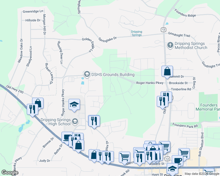 map of restaurants, bars, coffee shops, grocery stores, and more near 500 Sportsplex Drive in Dripping Springs