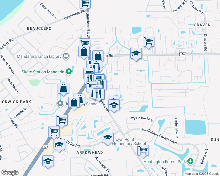 map of restaurants, bars, coffee shops, grocery stores, and more near 9770 Summer Grove Way East in Jacksonville