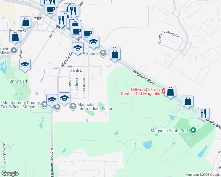 map of restaurants, bars, coffee shops, grocery stores, and more near 31903 Pine Crossing in Magnolia