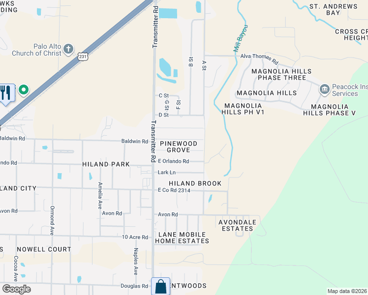 map of restaurants, bars, coffee shops, grocery stores, and more near 3619 East Orlando Road in Panama City