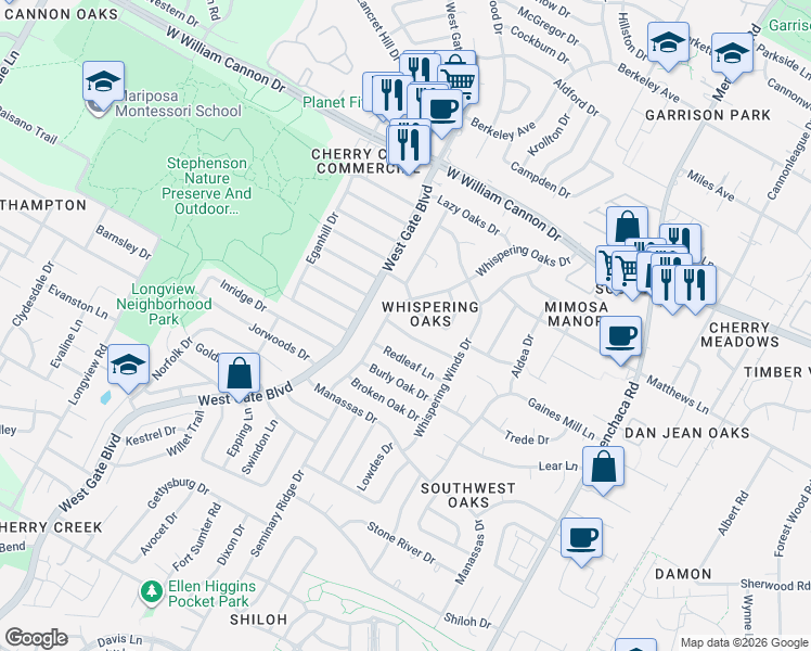 map of restaurants, bars, coffee shops, grocery stores, and more near 2603 Greenland Lane in Austin