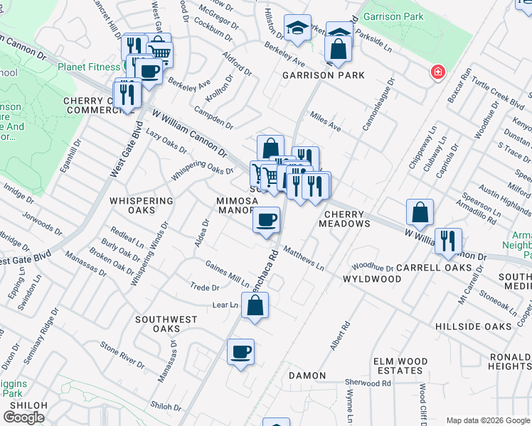 map of restaurants, bars, coffee shops, grocery stores, and more near 2000 Mimosa Drive in Austin