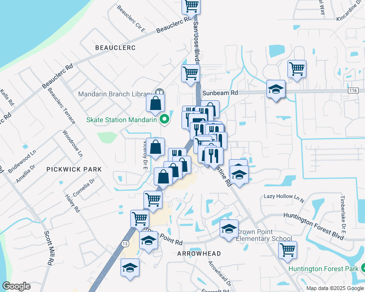 map of restaurants, bars, coffee shops, grocery stores, and more near 9719 Florida 13 in Jacksonville