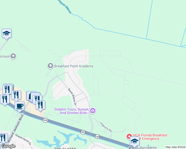 map of restaurants, bars, coffee shops, grocery stores, and more near 110 Johnson Bayou Drive in Panama City Beach