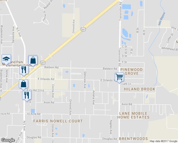 map of restaurants, bars, coffee shops, grocery stores, and more near 3236 East Baldwin Road in Panama City