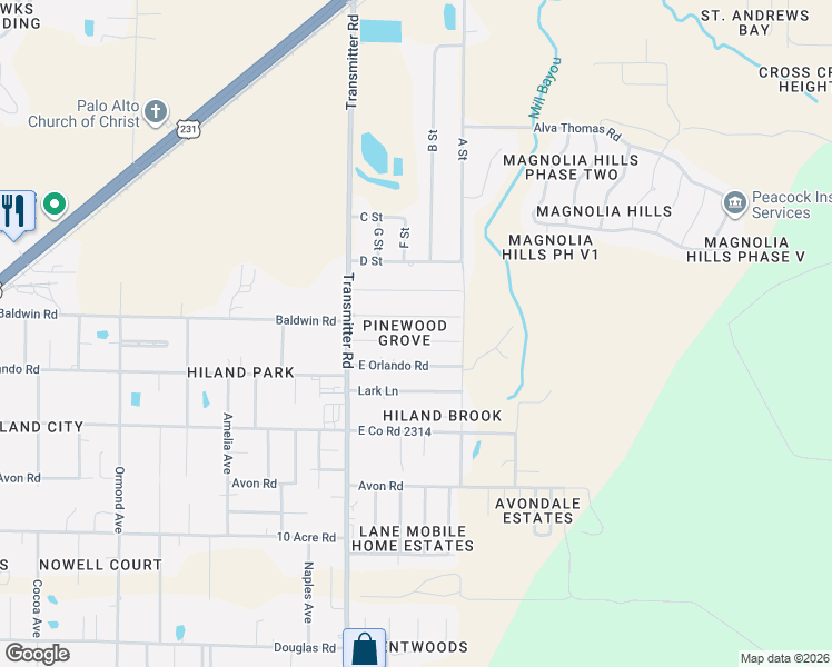 map of restaurants, bars, coffee shops, grocery stores, and more near 3619 East Orlando Road in Panama City