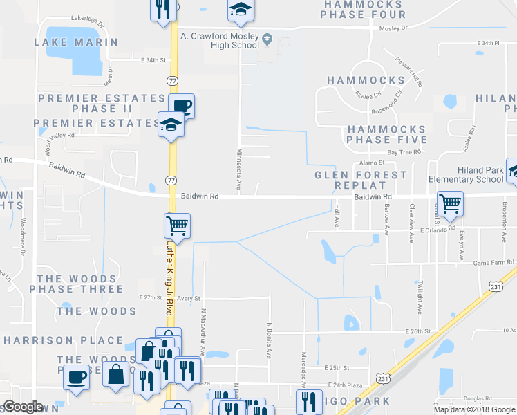 map of restaurants, bars, coffee shops, grocery stores, and more near 904 East Baldwin Road in Panama City