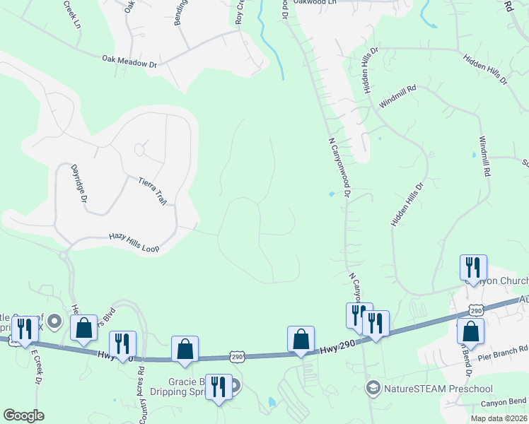map of restaurants, bars, coffee shops, grocery stores, and more near 366 Iron Willow Loop in Dripping Springs