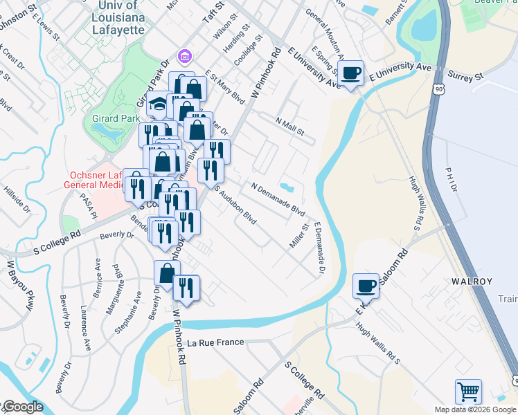 map of restaurants, bars, coffee shops, grocery stores, and more near 215 South Audubon Boulevard in Lafayette