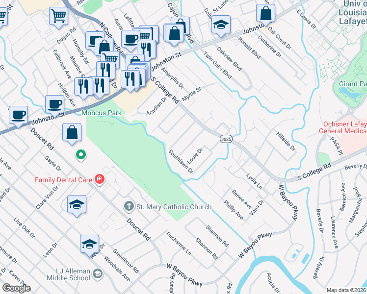 map of restaurants, bars, coffee shops, grocery stores, and more near 100-198 South Southlawn Drive in Lafayette