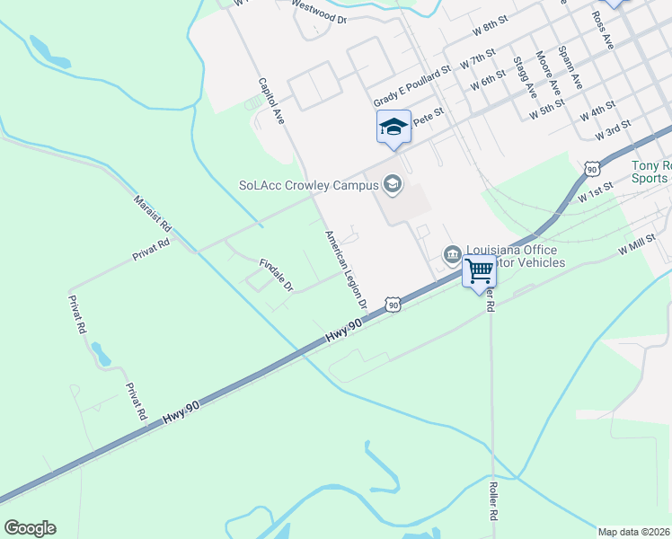 map of restaurants, bars, coffee shops, grocery stores, and more near 121 Findale Drive in Crowley