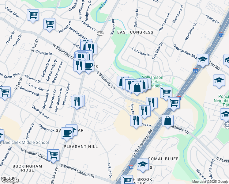 map of restaurants, bars, coffee shops, grocery stores, and more near 501 East Stassney Lane in Austin