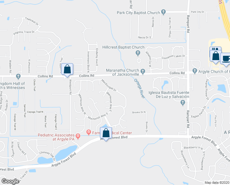 map of restaurants, bars, coffee shops, grocery stores, and more near 7788 Macdougall Drive in Jacksonville
