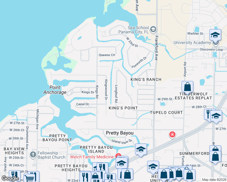 map of restaurants, bars, coffee shops, grocery stores, and more near 2835 Longleaf Road in Panama City