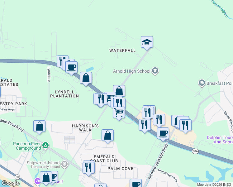 map of restaurants, bars, coffee shops, grocery stores, and more near 150 Alf Coleman Road in Panama City Beach