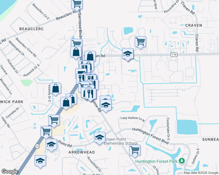 map of restaurants, bars, coffee shops, grocery stores, and more near 9770 Summer Grove Way East in Jacksonville