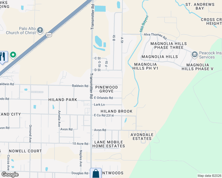 map of restaurants, bars, coffee shops, grocery stores, and more near 3619 East Orlando Road in Panama City
