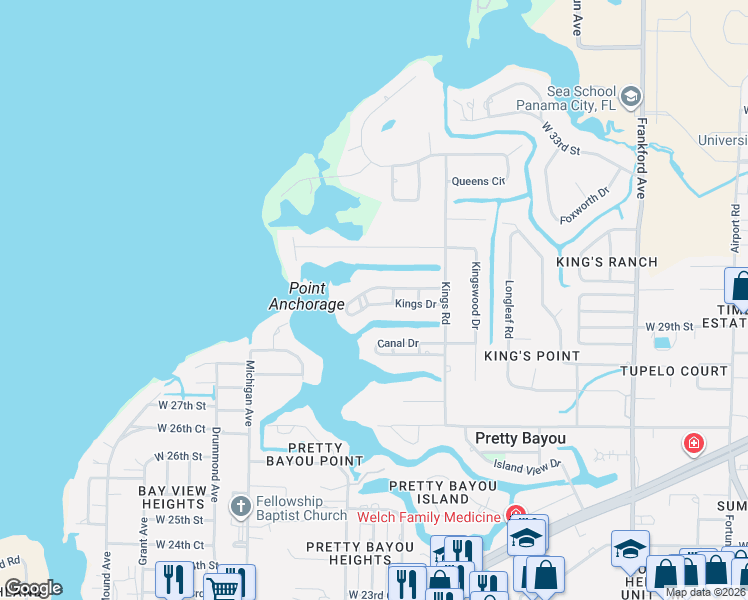 map of restaurants, bars, coffee shops, grocery stores, and more near 3020-3098 Kings Drive in Panama City