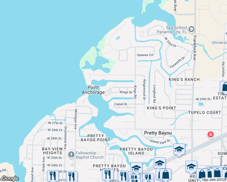 map of restaurants, bars, coffee shops, grocery stores, and more near 3020-3098 Kings Drive in Panama City