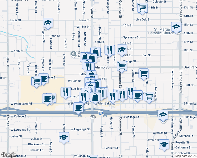 map of restaurants, bars, coffee shops, grocery stores, and more near 3000-3198 Fiske St in Lake Charles