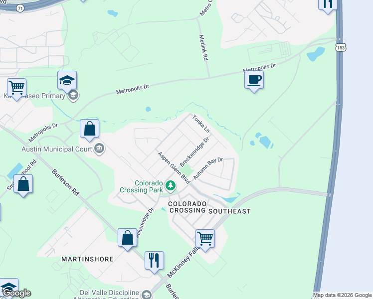 map of restaurants, bars, coffee shops, grocery stores, and more near 3616 Breckenridge Drive in Austin