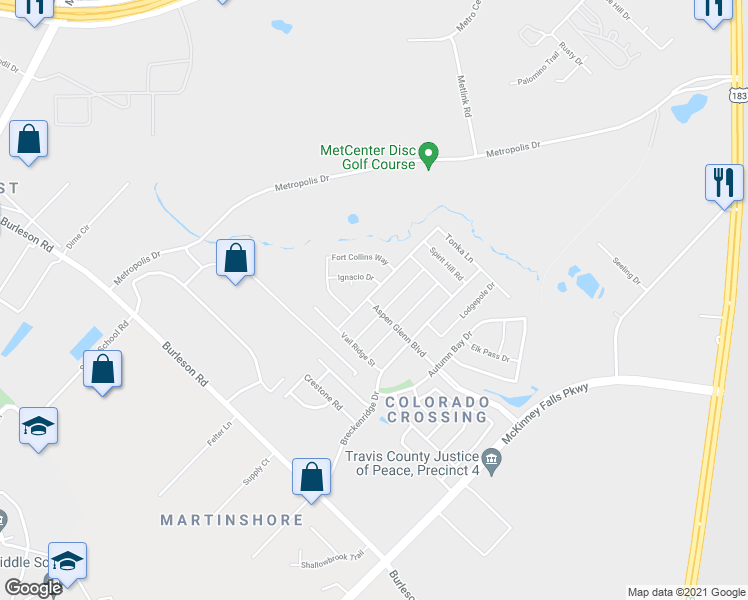 map of restaurants, bars, coffee shops, grocery stores, and more near 3817 Colorado High Avenue in Austin