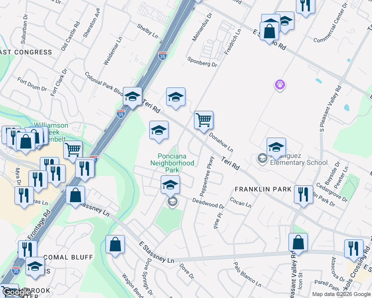 map of restaurants, bars, coffee shops, grocery stores, and more near 5106 Merritt Drive in Austin