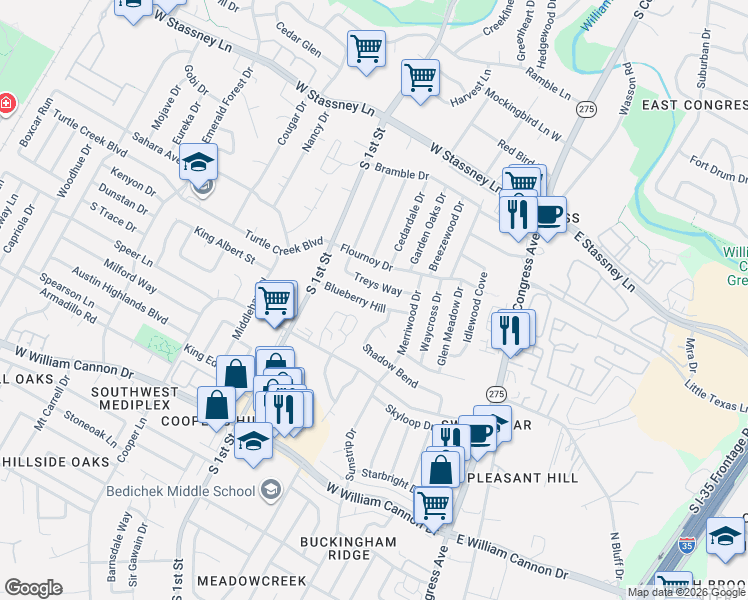 map of restaurants, bars, coffee shops, grocery stores, and more near 6202 Shadow Bend in Austin