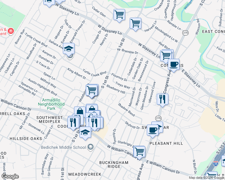 map of restaurants, bars, coffee shops, grocery stores, and more near 512 Eberhart Lane in Austin