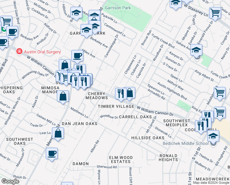 map of restaurants, bars, coffee shops, grocery stores, and more near 1507 West William Cannon Drive in Austin