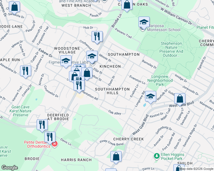map of restaurants, bars, coffee shops, grocery stores, and more near 8100 Dunn Street in Austin