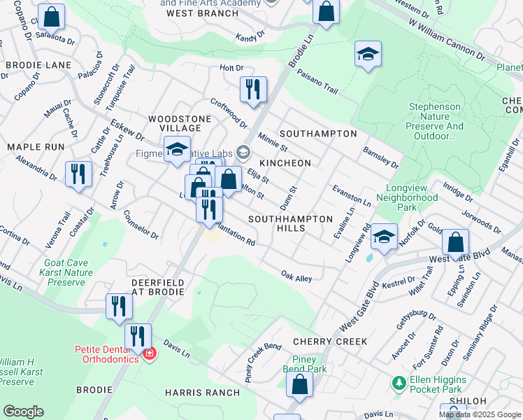 map of restaurants, bars, coffee shops, grocery stores, and more near 8100 Dunn Street in Austin