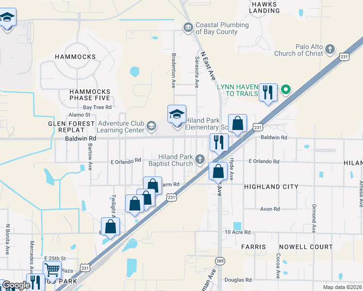 map of restaurants, bars, coffee shops, grocery stores, and more near 2910 Bradenton Avenue in Panama City
