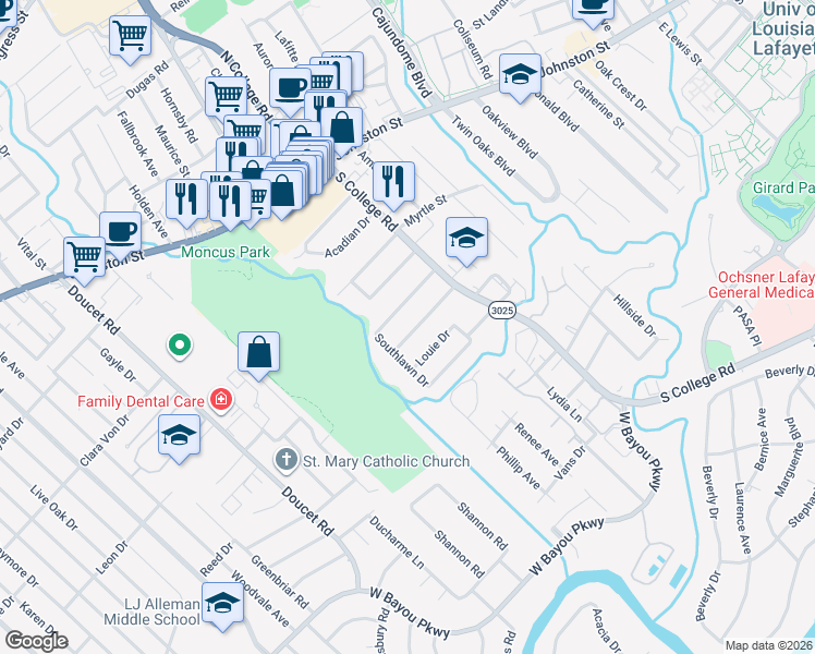 map of restaurants, bars, coffee shops, grocery stores, and more near 100-198 South Southlawn Drive in Lafayette