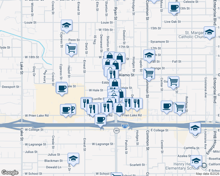 map of restaurants, bars, coffee shops, grocery stores, and more near 3034 Ryan St in Lake Charles