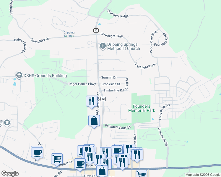 map of restaurants, bars, coffee shops, grocery stores, and more near 112 Timberline Road in Dripping Springs