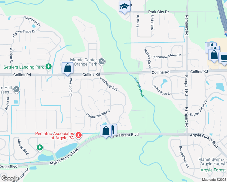 map of restaurants, bars, coffee shops, grocery stores, and more near 8024 Mactavish Way North in Jacksonville