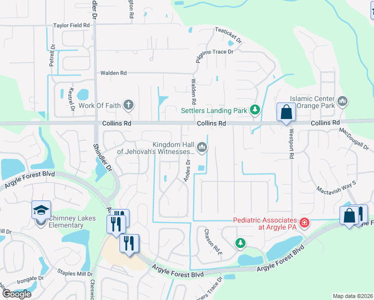 map of restaurants, bars, coffee shops, grocery stores, and more near 7725 Collins Ridge Boulevard in Jacksonville