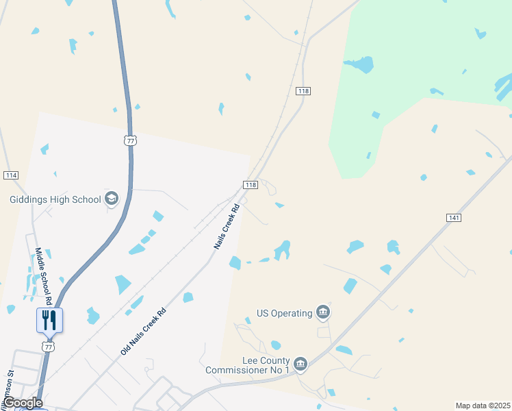 map of restaurants, bars, coffee shops, grocery stores, and more near 2332 County Road 118 in Giddings